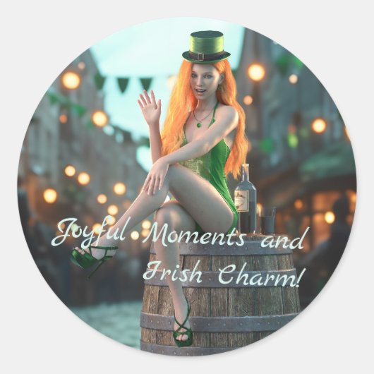 Sticker Rond St Patrick's Day Beauté assise sur un tonneau (Devant)