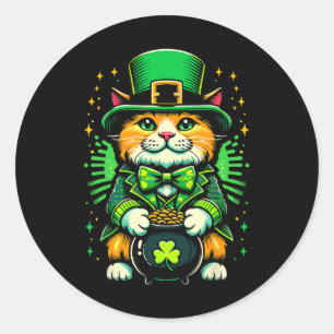 Sticker Rond St Patrick's Day Chat Leprechaun Chat Shamrock irl