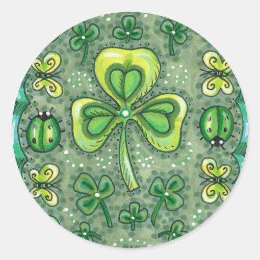STICKER ROND ST. PATRICK'S DAY FOLK ART SHAMROCKS N'LADYBUGS (Devant)