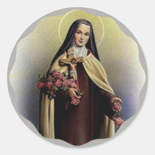 Sticker Rond St Therese de Lisieux avec le crucifix/roses