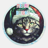 Sticker Rond Stained-Glass Christmas Grey Tabby In Green Hat (Devant)