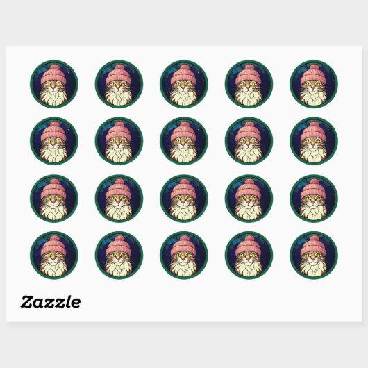 Sticker Rond Stained-Glass Christmas Tabby Cat In Pink Cap (Feuille)