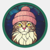 Sticker Rond Stained-Glass Christmas Tabby Cat In Pink Cap (Devant)