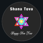 Sticker Rond Star juive Shana Tova<br><div class="desc">Le Shana Tova Jewish Star est décoré de vitraux de style hébraïque Star de David et de salutations ensoleillées pour une Bonne Année.</div>