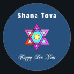 Sticker Rond Star juive Shana Tova<br><div class="desc">Le Shana Tova Jewish Star est décoré de vitraux de style hébraïque Star de David et de salutations ensoleillées pour une Bonne Année.</div>