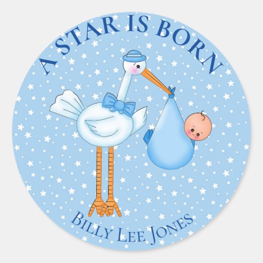 Sticker Rond Star personnalisée est Born Stork Baby Boy (Devant)