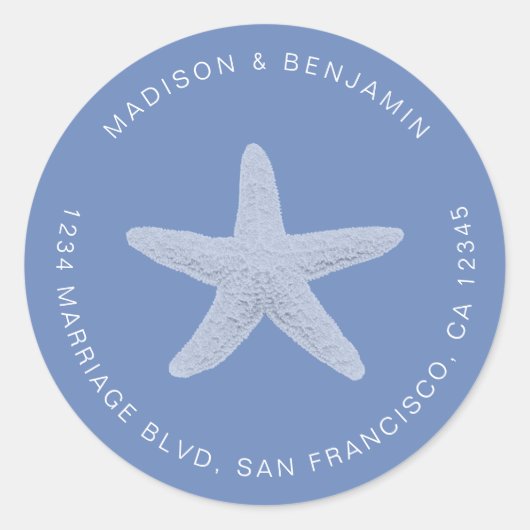 Sticker Rond Starfish Beach Mariage Retour Adresse Bleu (Devant)