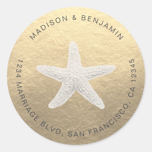 Sticker Rond Starfish Beach Wedding Adresse de retour Gold (Devant)