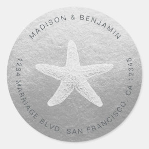 Sticker Rond Starfish Beach Wedding Retourner Adresse Argent