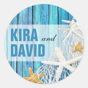 Sticker Rond Starfish Netting Beach Wood Favoriser bleu