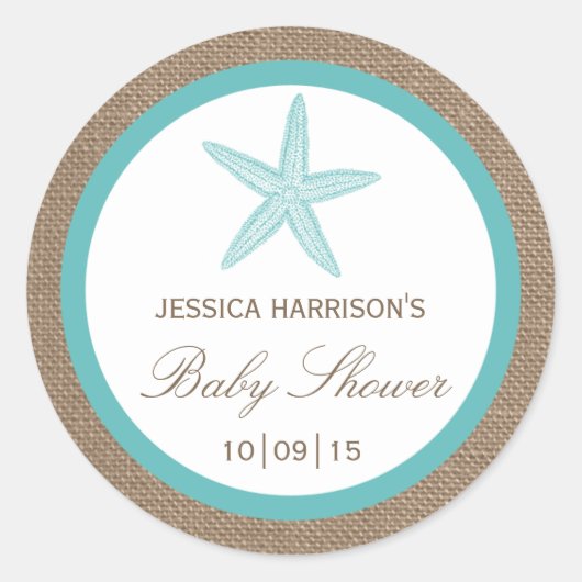 Sticker Rond Starfish Turquoise Baby shower de plage Burlap (Devant)