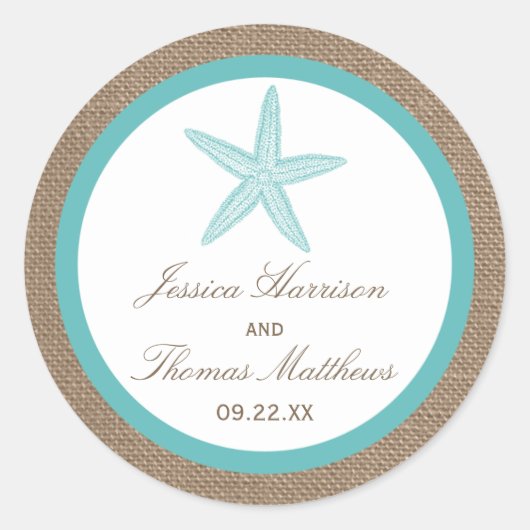 Sticker Rond Starfish Turquoise Burlap Beach Wedding Collection (Devant)