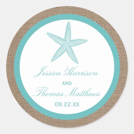 Sticker Rond Starfish Turquoise Burlap Beach Wedding Collection (Devant)