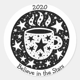 Sticker Rond Stars & Constellations Thé de café du matin B/W