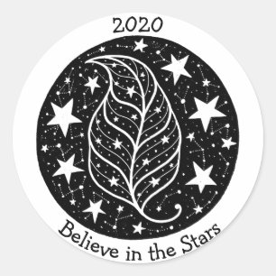 Sticker Rond Stars & Constellations Tree Leaf Nature B/W