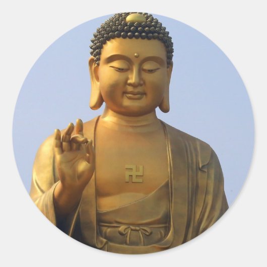 Sticker Rond Statue du Bouddha dans le ciel bleu, levée à la ma (Devant)