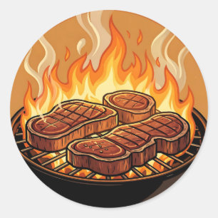 Sticker Rond Steaks grillés flammes BBQ