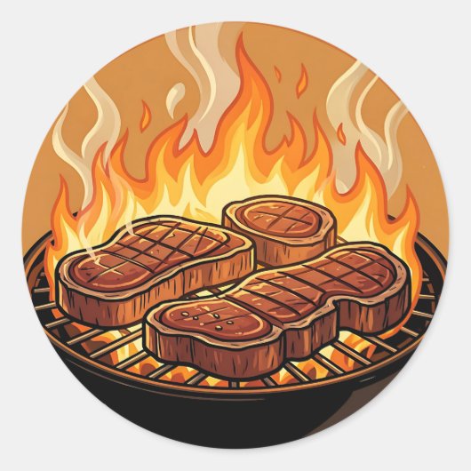 Sticker Rond Steaks grillés flammes BBQ (Devant)