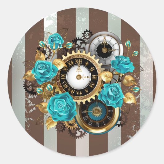 Sticker Rond Steampunk Clock and Turquoise Roses on Striped (Devant)