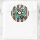 Sticker Rond Steampunk Clock and Turquoise Roses on Striped (Sac)