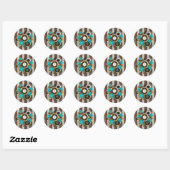 Sticker Rond Steampunk Clock and Turquoise Roses on Striped (Feuille)