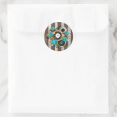 Sticker Rond Steampunk Clock and Turquoise Roses on Striped (Sac)