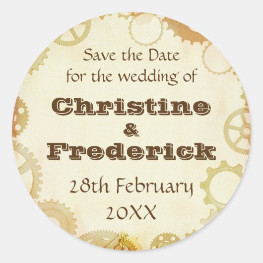 Sticker Rond Steampunk Mariage, rond enregistrer la date autoco (Devant)