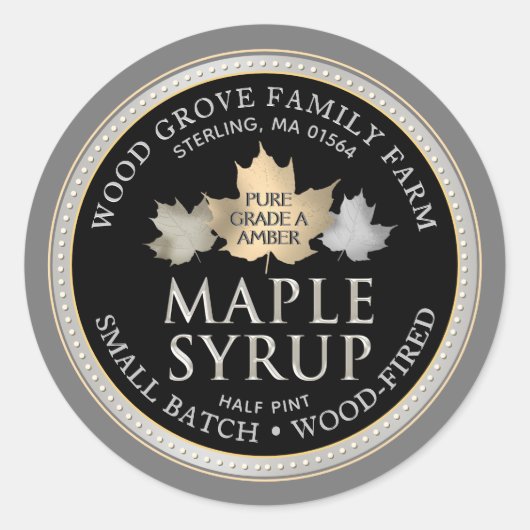 Sticker Rond Sterling Label Small Batch Maple Syrup Gold Leaf (Devant)