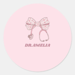 Sticker Rond Stéthoscope à nœud floral rose avec nom de médecin