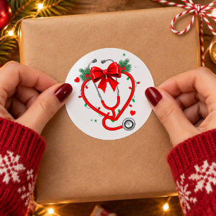 Sticker Rond Stéthoscope Cœur Noël Infirmière Nœud Lumineux Noë