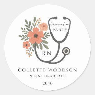 Sticker Rond Stéthoscope Floral Aquarelle Diplôme d'infirmière