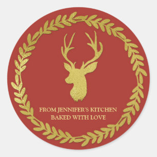 Sticker Rond Stick à pâtisserie de Noël Red Gold Wreath Deer