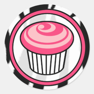 Sticker Rond Stick d'anniversaire de Cupcake rose - Zèbre noir 