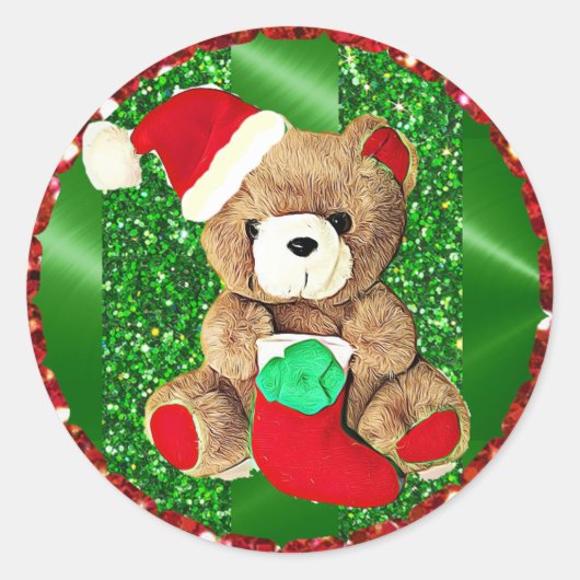 Sticker Rond Stick de Noël Glittery Teddy Bear (Devant)