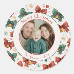 Sticker Rond Stick de Noël photo Plaid Bows Bells