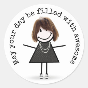 Sticker Rond Stick Figure Girl en Basket avec devis