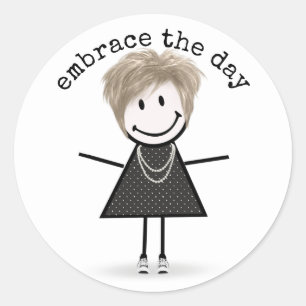 Sticker Rond Stick Figure Girl en Basket avec devis