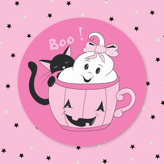 Sticker Rond Stick Halloween éffrayant Fantôme noir Chat rose