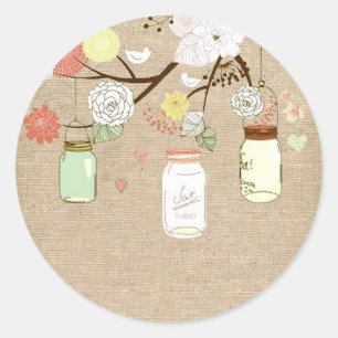 Sticker Rond Stick Mariage Burlap de Country Rustic Mason Jars