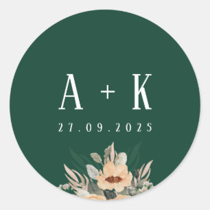 Sticker Rond Stickers, Élégant monogramme floral vert foncé