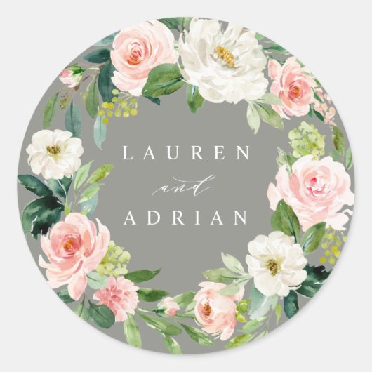 Sticker Rond Sticule Mariage de couronne florale gris (Devant)
