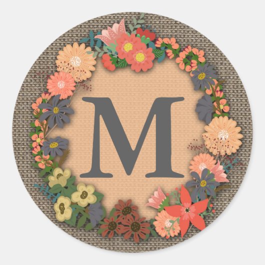 Sticker Rond Sticule monogramme de couronne florale (Devant)
