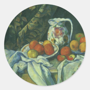Sticker Rond Still Life, Curtain and Pitcher par Paul Cezanne