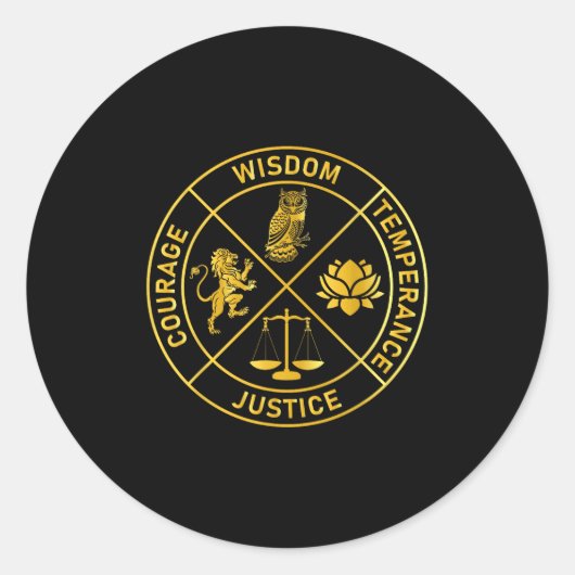 Sticker Rond Stoic Virtues Wisdom Temperance Justice Courage (Devant)