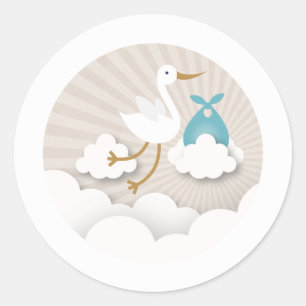Sticker Rond Stork avec Baby shower Garçon Bundle Blue