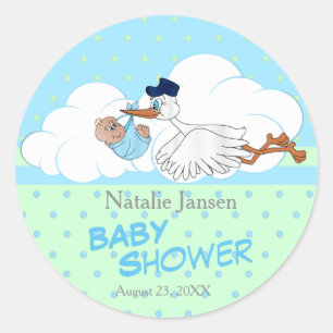 Sticker Rond Stork avec un mignon petit bébé garçon