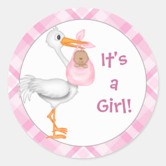 Sticker Rond Stork & Baby Girl (peau foncée) Baby Faire-part