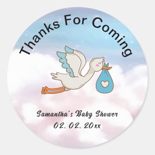 Sticker Rond Stork Bird Baby shower Merci D'Être Venu (Devant)