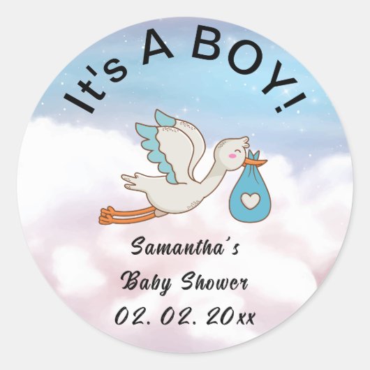 Sticker Rond Stork Bird C'est un Baby shower garçon (Devant)