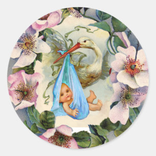 STICKER ROND STORK GARÇON BABY SHOWER COURONNE AVEC ROSE ROSES